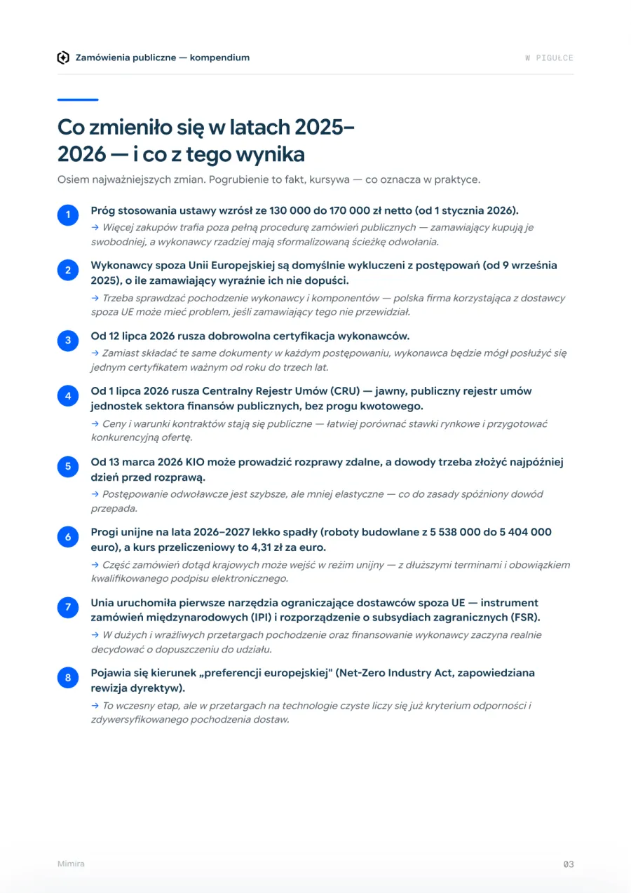 Strona z ośmioma najważniejszymi zmianami w Pzp na lata 2025-2026