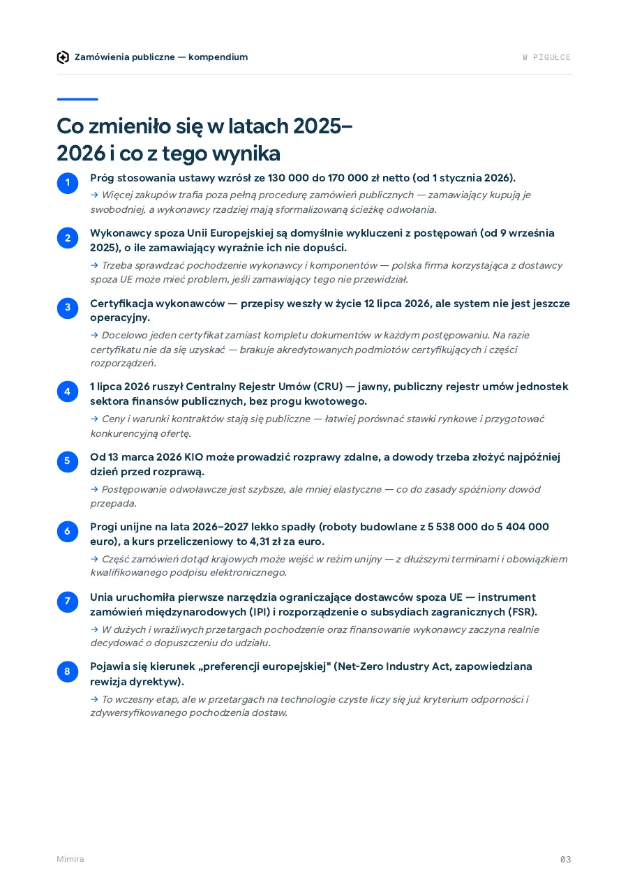 Strona z ośmioma najważniejszymi zmianami w Pzp na lata 2025-2026