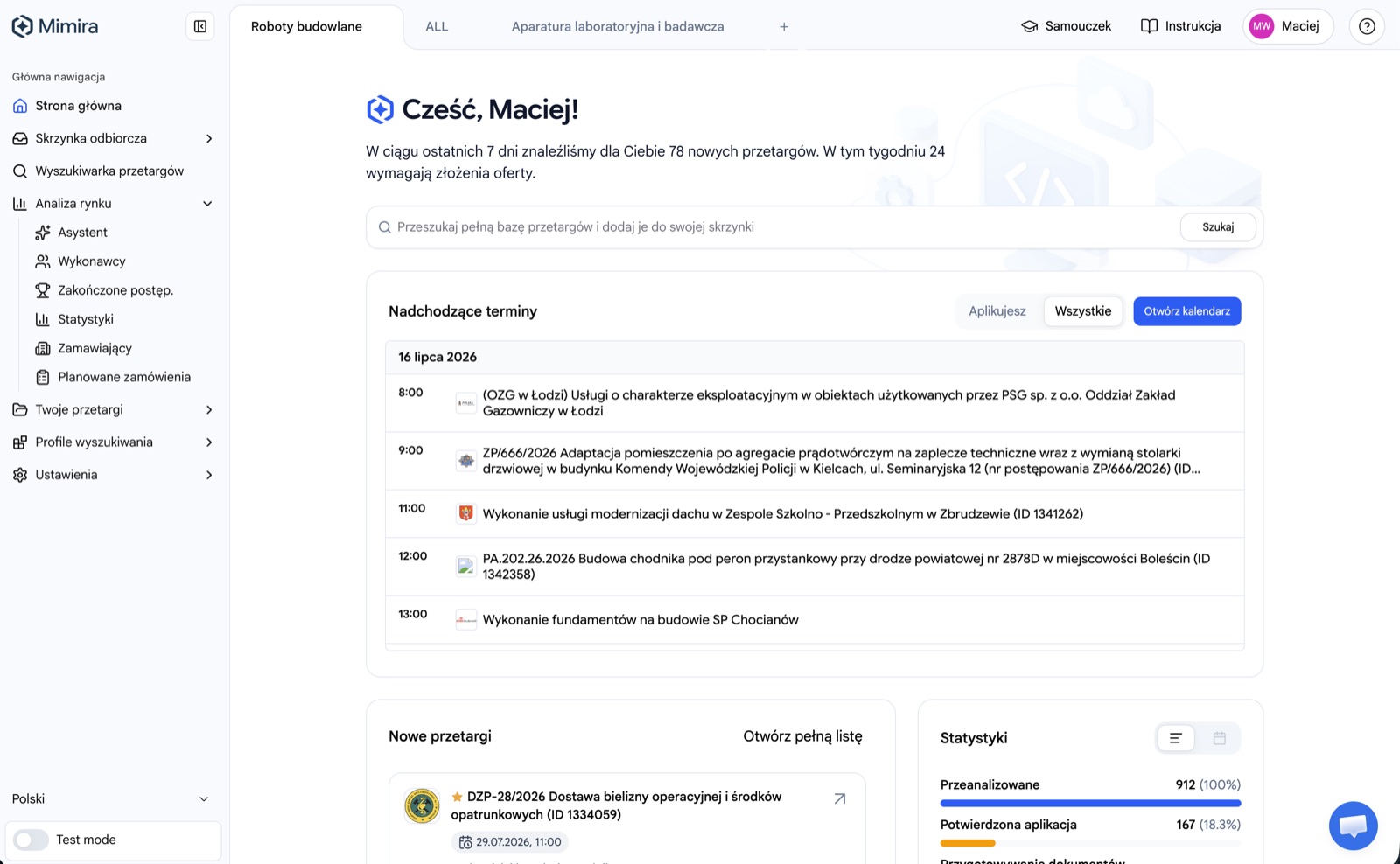 Pulpit aplikacji Mimira z nowymi przetargami i nadchodzącymi terminami ofert