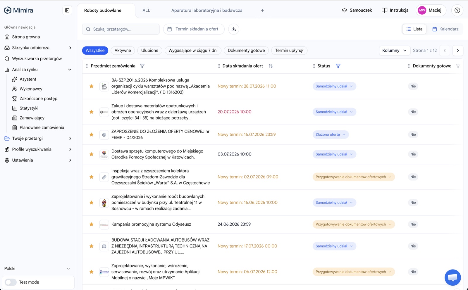 Skrzynka odbiorcza Mimira z listą przetargów dopasowanych do profilu wyszukiwania